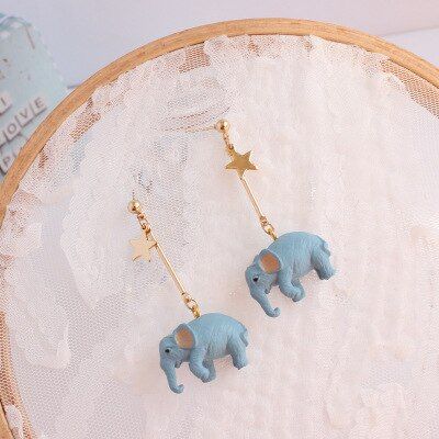 2019 Funny Cute Ethnic Thailand Blue Elephant Star Drop Earrings for Women Girls Holiday Party Fashion No Piercing Jewelry Gift