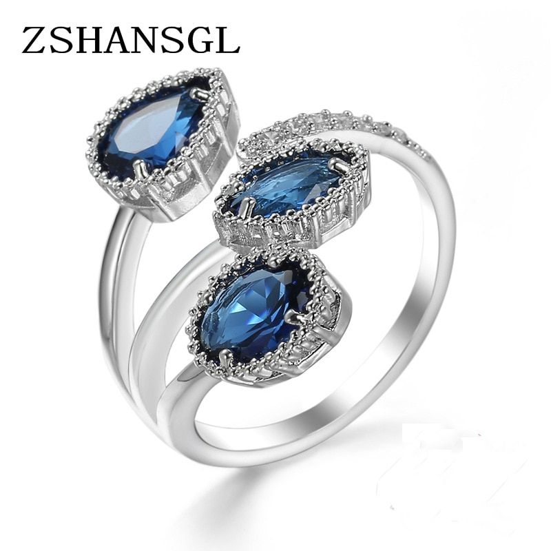 Classic 925 Sterling Silver High Quality Clear Blue Sparking CZ Geometric Stackable Opening Rings for Women Wedding Jewelry Gift