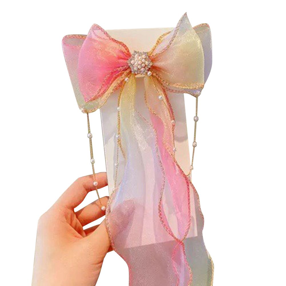 Bowknot  Hairpin irls Braided Hair Ribbon Pearl Decoration ldren Headband Hair Accessories color:1#Blue yellow