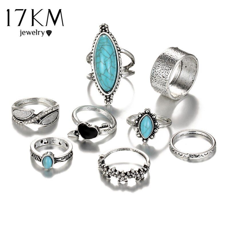 17KM Vintage Big Stone Midi Ring Set For Women Boho Antique Silver Color Heart Flower Knuckle Rings Boho Jewelry Anillos Gift