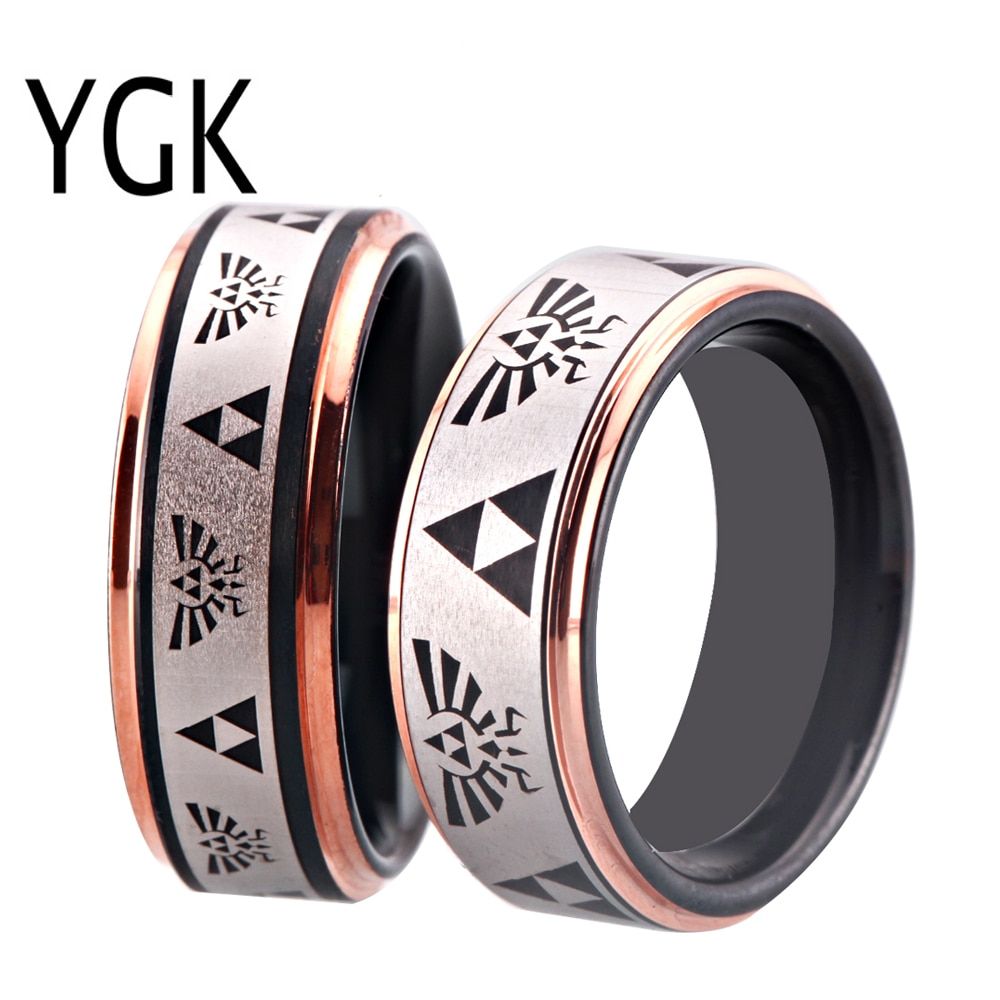 Men Women Wedding Band Black Rose Golden Tungsten Ring With Legend of Zelda Engraved Finger Rings with Triforce Logo Drop Ship