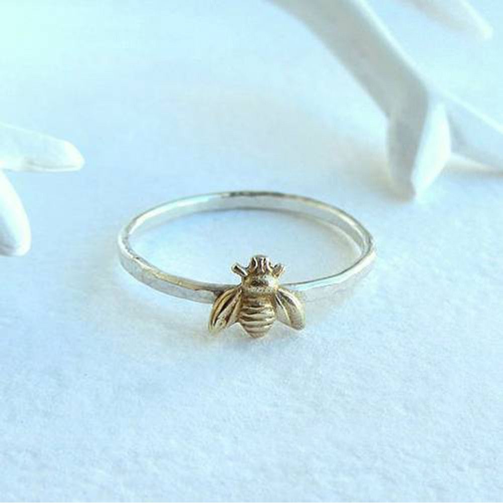 1Pcs Simple Tiny Solid Gold Color Copper Bee Finger Rings Gold Hammered Band Stacking Rings Wedding Anniversary Jewelry