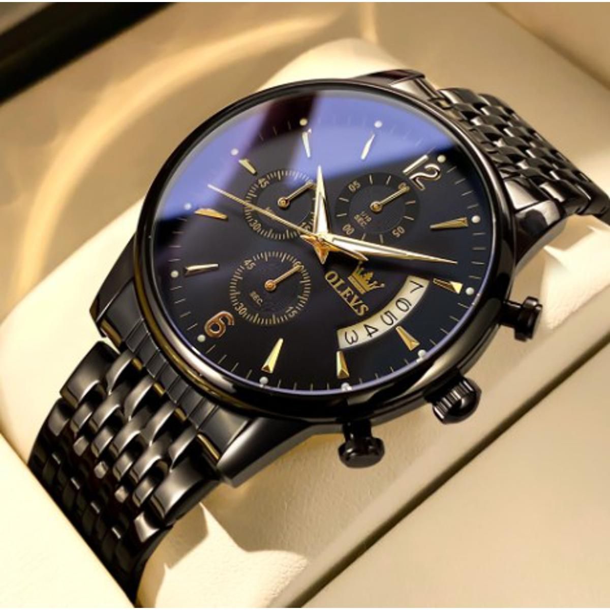"Olevs 2867 Black Stainless Steel Chronograph Wrist Watch For Men - Black "