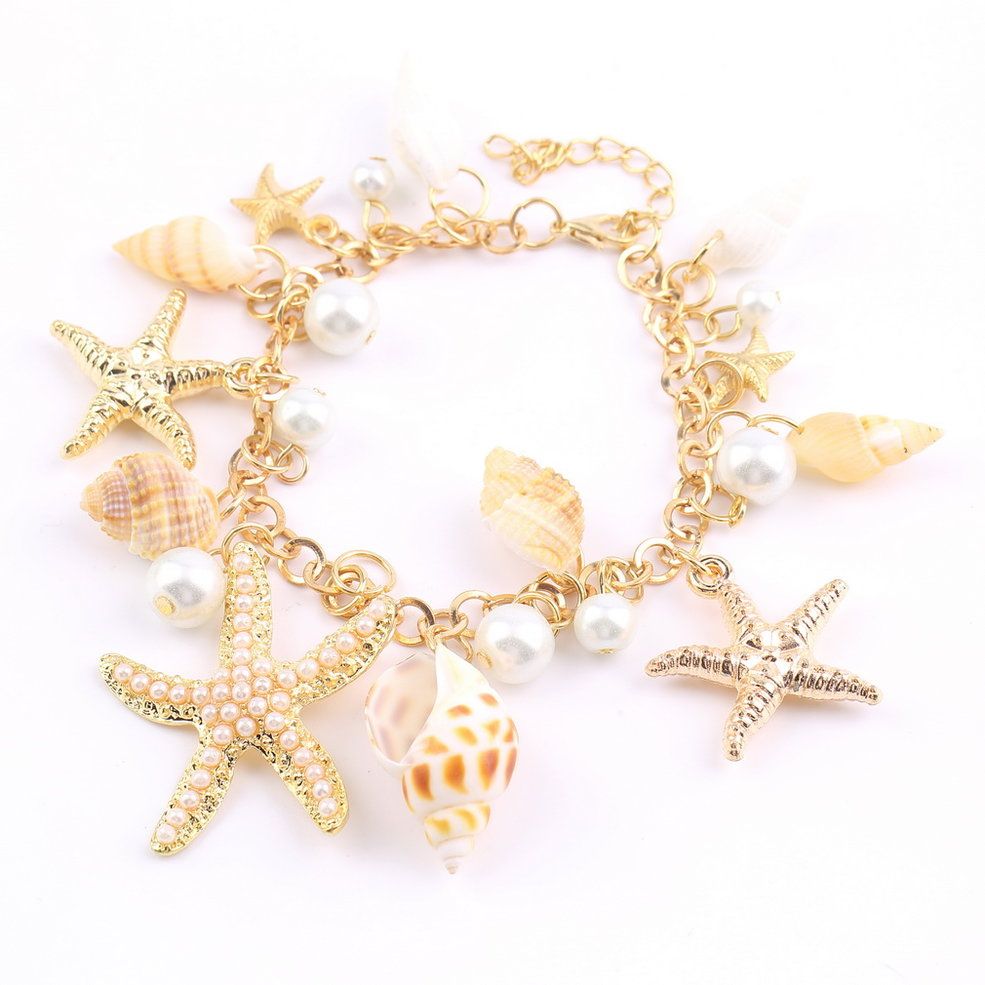Fashion Ocean Multi Starfish Sea Star Conch Shell Pearl Chain Beach Bracelet