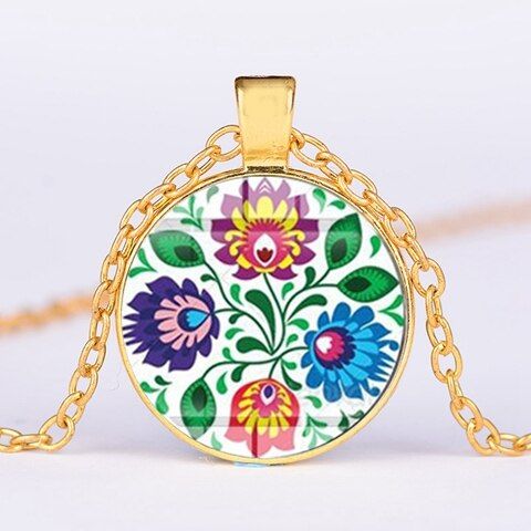 SIAN Bohemia Style Polish Folk Art Patterns Chain Necklace Handmade Photo Glass Cabochon Gem Pendant Necklace Four Colors Choose