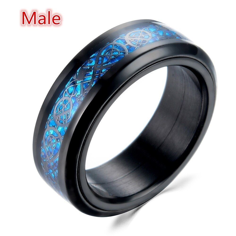 Fashion Man Ring 8MM Blue Carbon Fiber Dragon Design Black Stainless Steel Rings For Men Accessories Jewelry Wedding Band Ring