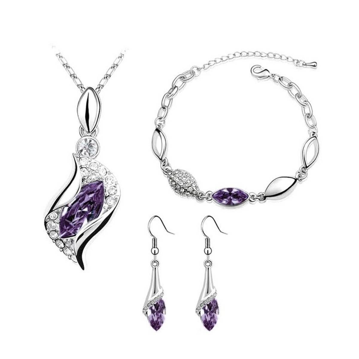 OIMG Women Rhinestone Geometric Pendant Necklace Bracelet Hook Earrings Jewelry Set