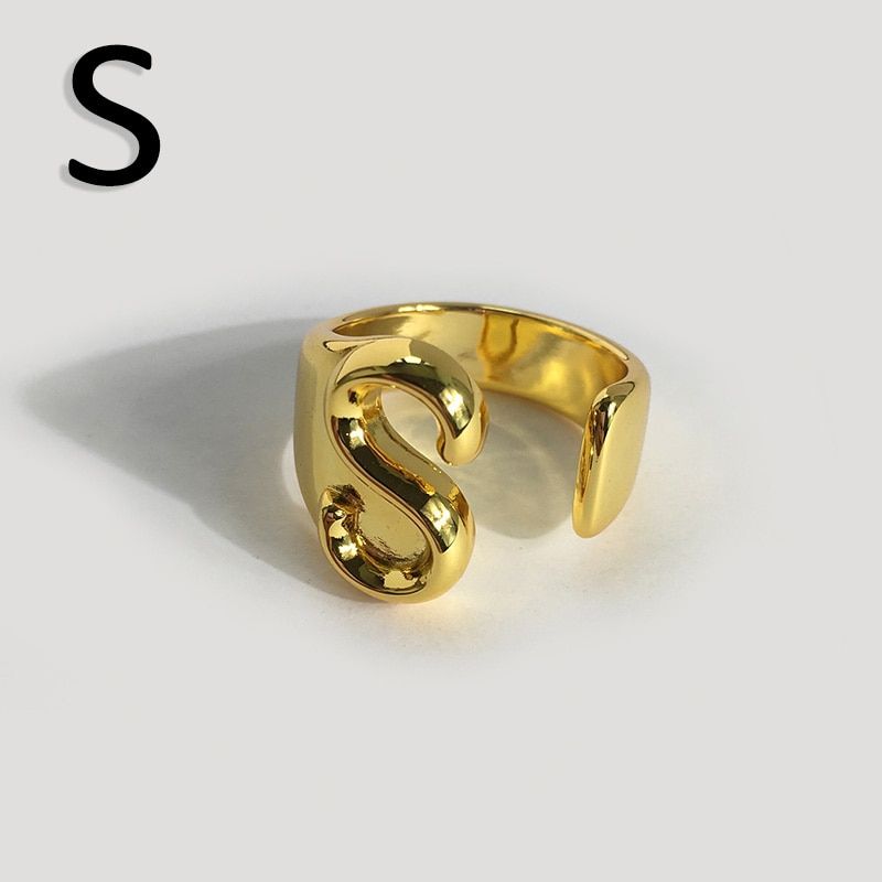 Hollow A-Z Letter Gold Color Metal Adjustable Opening Rings Initials Name Alphabet Female Party Chunky Wide Trendy Jewelry Gifts