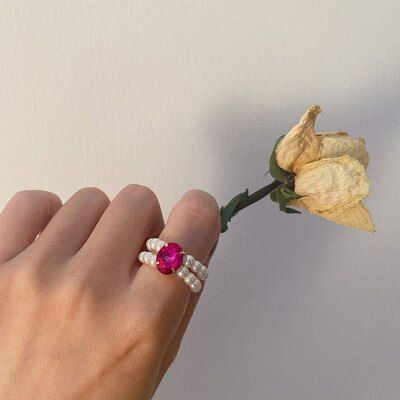 AOMU 2020 New Heart Shaped Multicolor Zircon Natural Pearl Crystal Elastic Adjustable Ring for Women Fashion Ring Jewelry