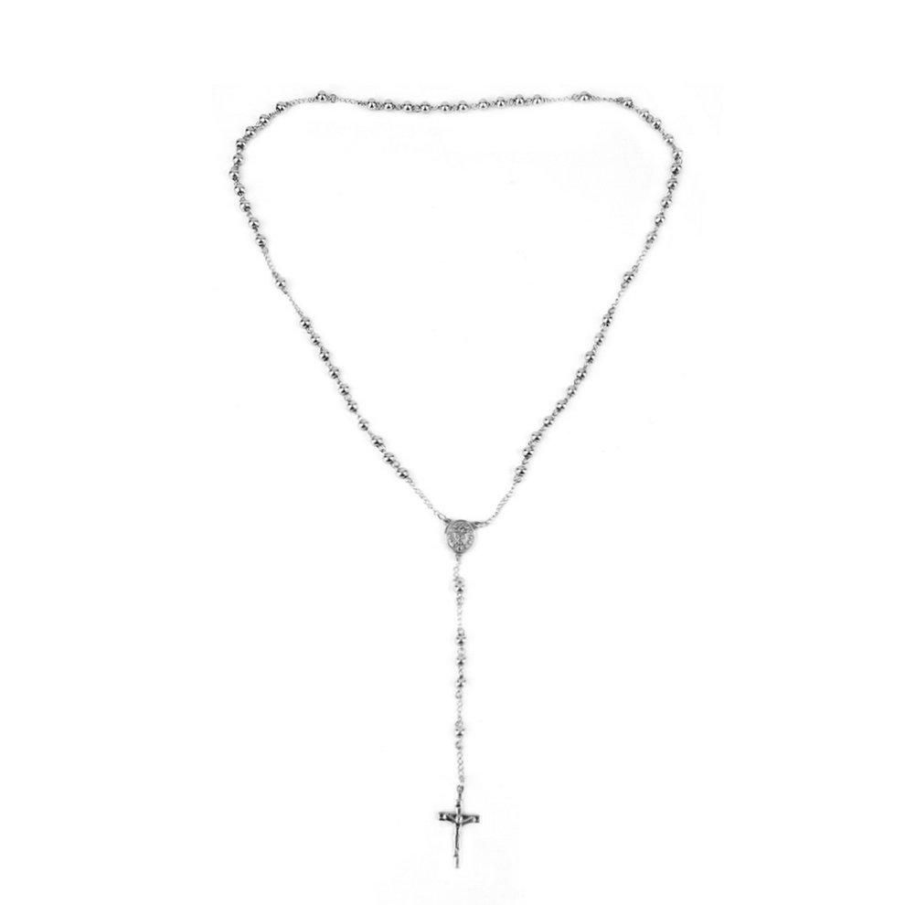 EF Unisex Charm Silver Rosary Beads Chain Stainless Steel Cross Pendant Necklace