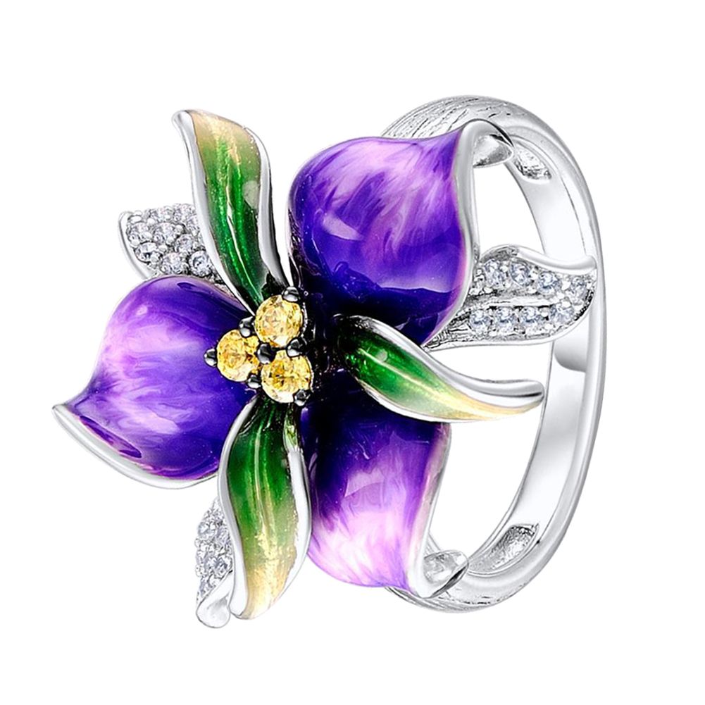 Purple Flower Rhinestone Inlaid Women Finger Ring Wedding Party Jewelry Gift