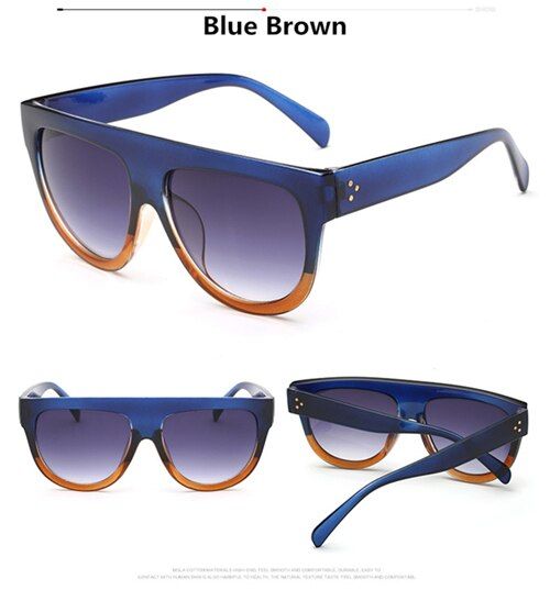 Blue BrownFlat Top Oversized Women Sunglasses Retro Shield Shape Luxy Brand Design Big Frame Rivet Shades Sunglasses Women UV400 Eyewear