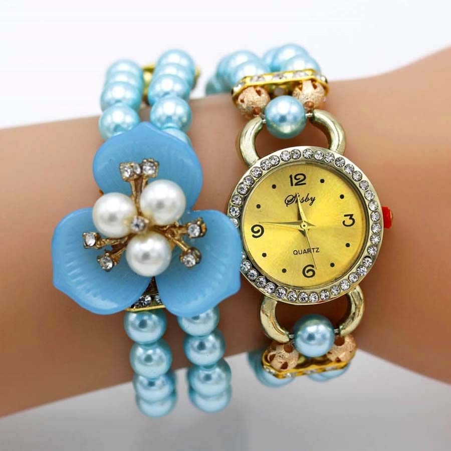 Women Rhinestone Watches Ladies Pearl Strap Three Flower Petals Bracelet