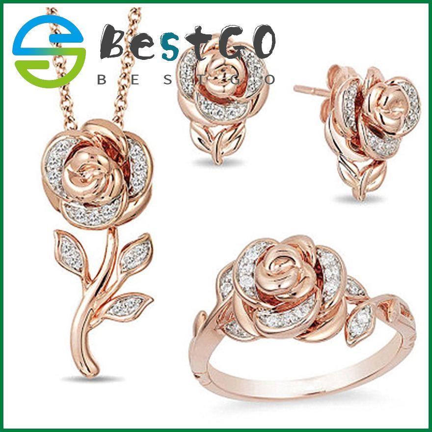 New Valentine'S Day Rose Set Pendant Ring Stud Earrings Bloom Flower Necklace