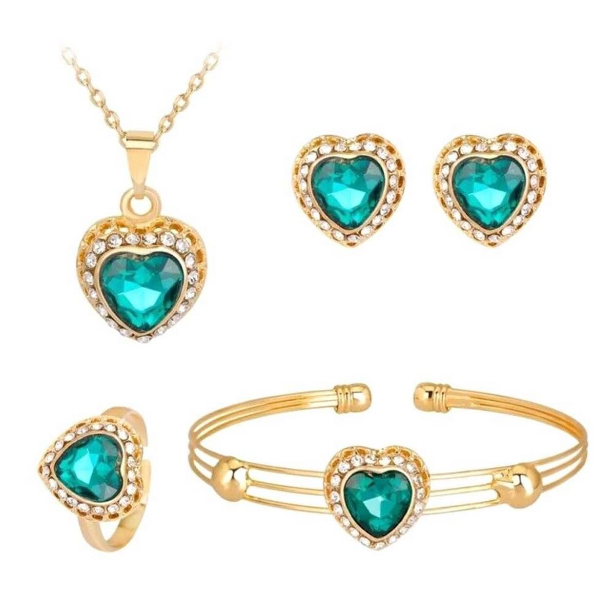 Women Heart Necklace Earrings Ring Bracelet Jewelry Set