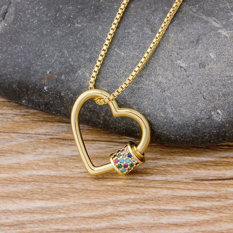 New Design Heart Lock Carabiner Pendant Necklace Copper CZ Zirconia Jewelry Screw Clasp Statement Chain Necklace For Couples