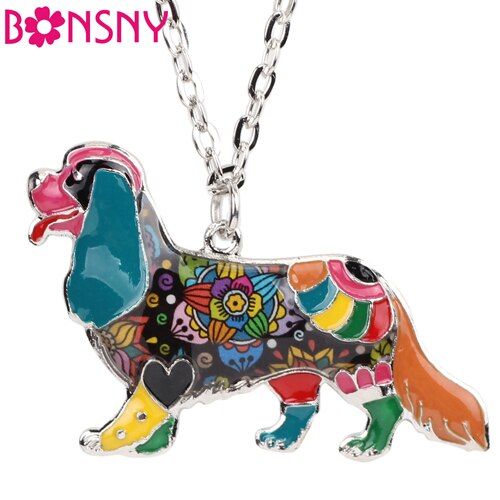 Bonsny Statement DOG Collection Alloy Cavalier King Charles Spaniel Choker Necklace Chain Collar Pendant Enamel Jewelry Women(null)