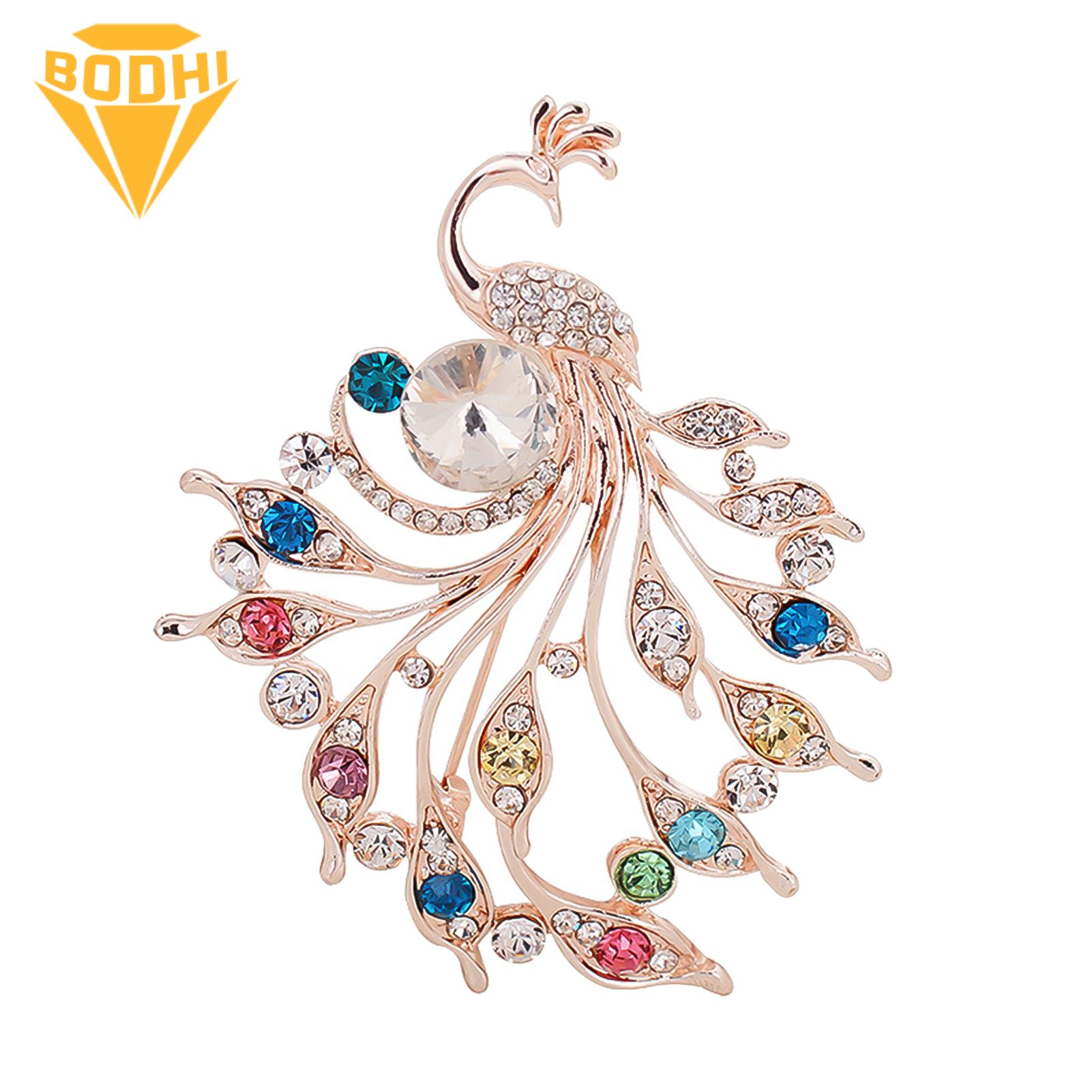 Women Peacock Shape Rhinestone Inlaid Brooch Pin Breastpin Collar Hat Jewelry