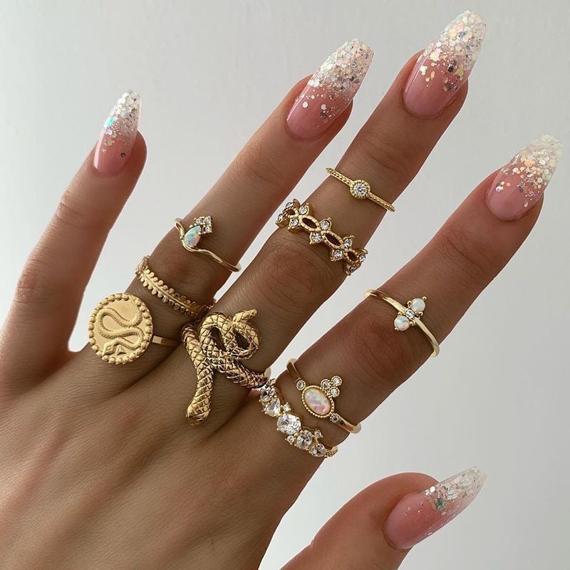 Bohemian Opal Crystal Rings Set WaterDrop Star Geometric Charm Midi Finger Bands Fashion Gold Color Hollow Circlets For Women