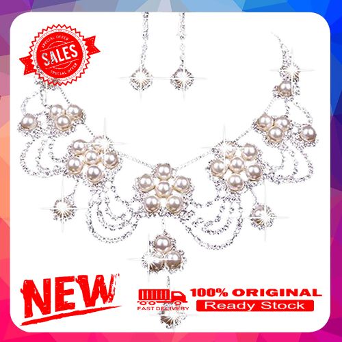 Women's Luxury Rhinestone Faux Pearl Necklace Earring Wedding Bridal Jewelry Set