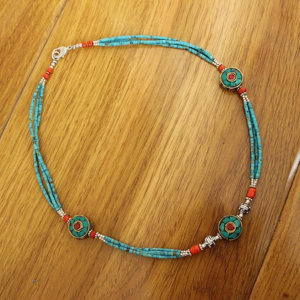 NK198 Nepal Handmade Necklace Bracelet Set Ethnic Tibetan 3 Big Round Beads Mini Turkey Stone Necklace For Women