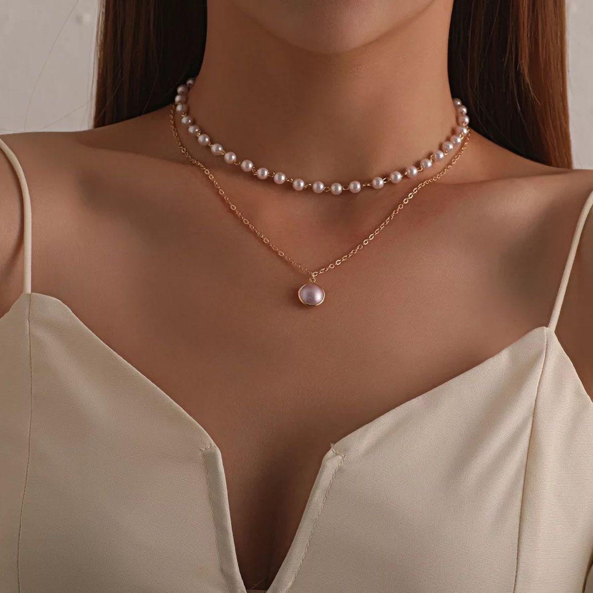 Lats 2021 New Fashion Kpop Pearl Choker Necklace Cute Double Layer Chain Pendant For Women Trendy Jewelry Girl Gift Wholesale - Necklace For Girls