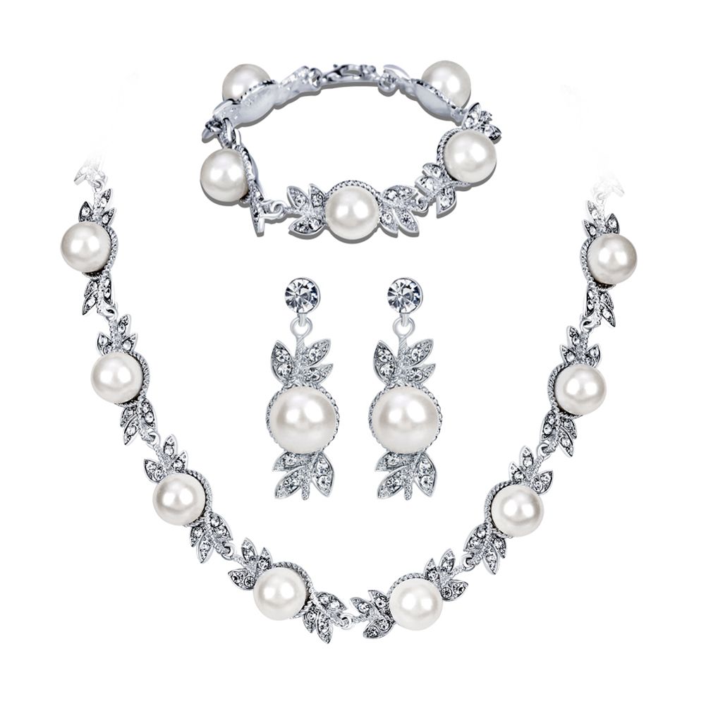 Women   Pearl Rhinestone Necklace Stud Earrings Bracelet Jewelry Wedding