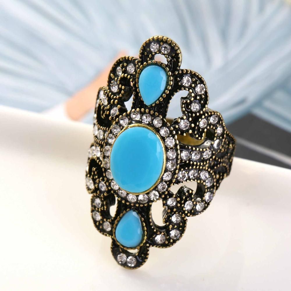 Kinel Women Bohemian Jewelry Ancient Bronze Rings For Gift Vintage Jewelry Black Red Resin Stone Turkish Female Ethnic Rings