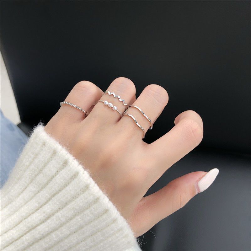 Ring Set Temperament Fashionable and Popular Women's Multi-layer Ring Twist Pearl Opening Beautiful Hand-tail Ring 5pcs Set