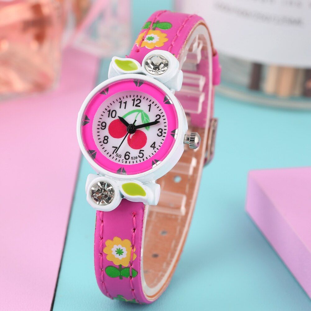 Classic Cherry Pattern Quartz Watch for Kids Arabic Numerals Dial Diamond-encrusted Leather Strap Watches for Student