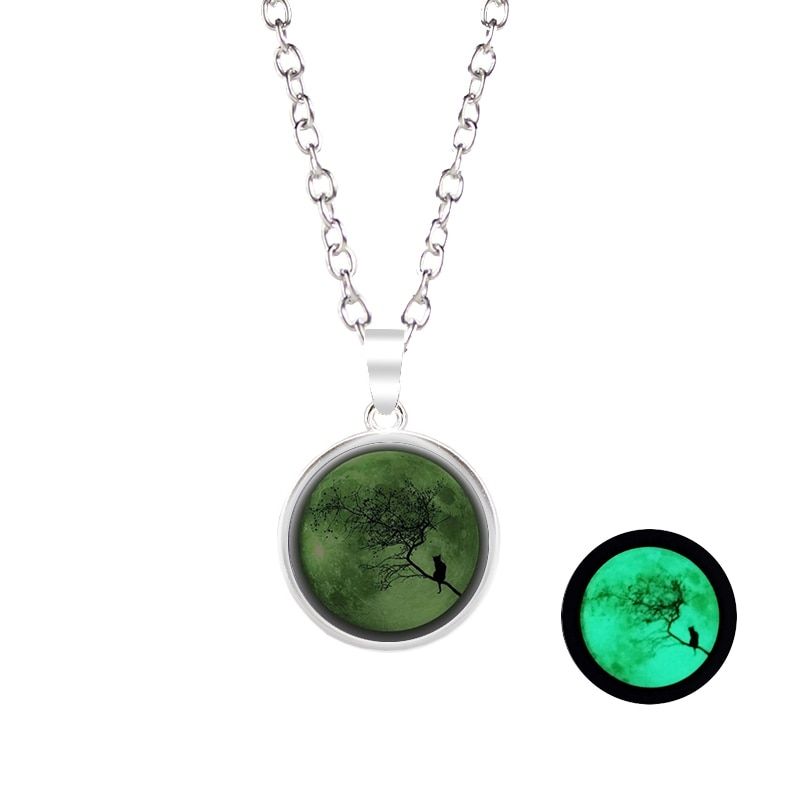 Glow In The Dark Moon Necklace 18mm Galaxy Planet Glass Cabochon Pendant Necklace Silver Chain Luminous Jewelry Women Gifts