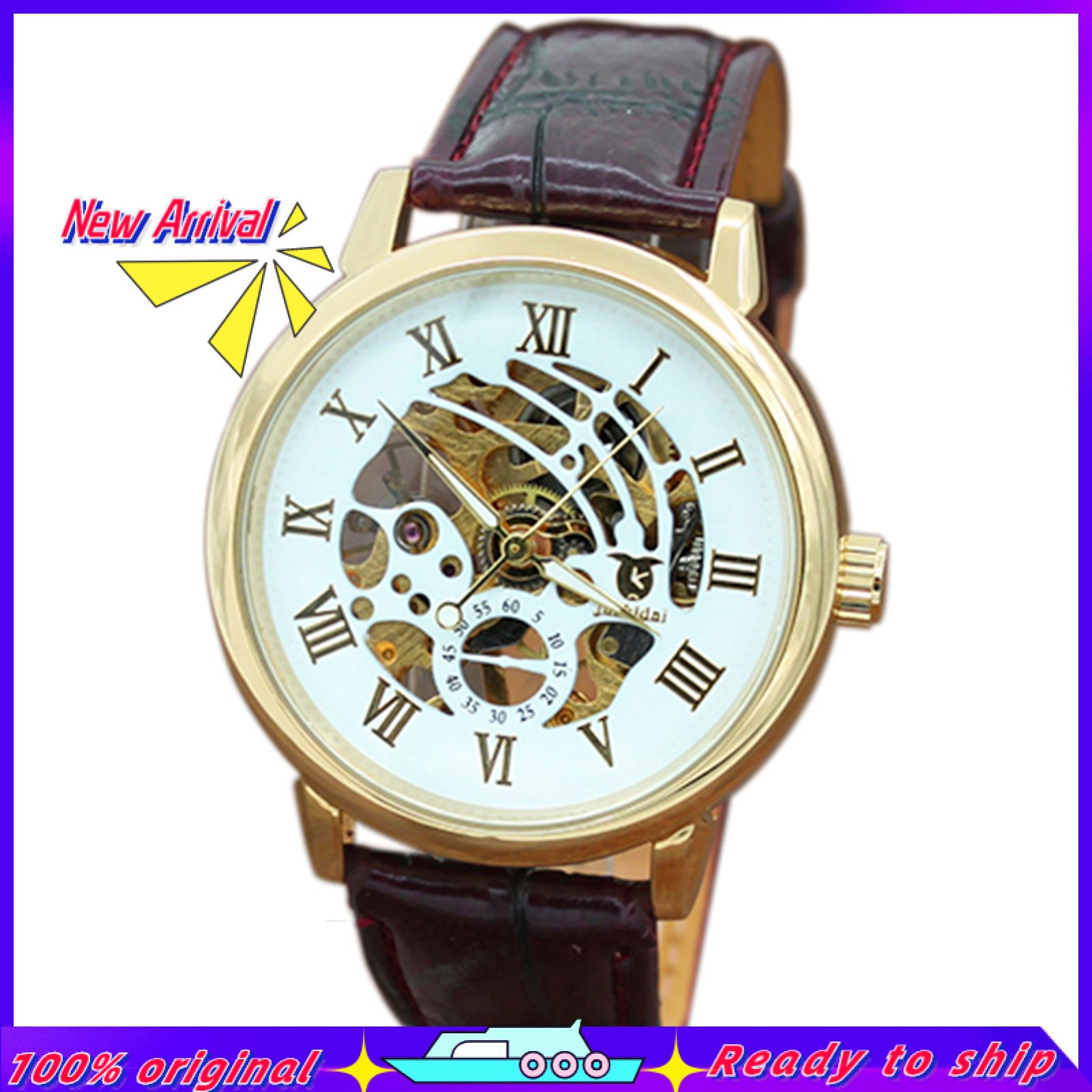 Men Fashion Roman Numerals Mechanical Skeleton Hollow Dial Business Wrist Watch
