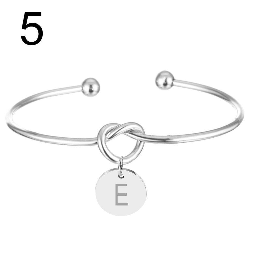 Women Letter Engraved Metal Disc Charm Hollow Knotted Heart Opening Bracelet