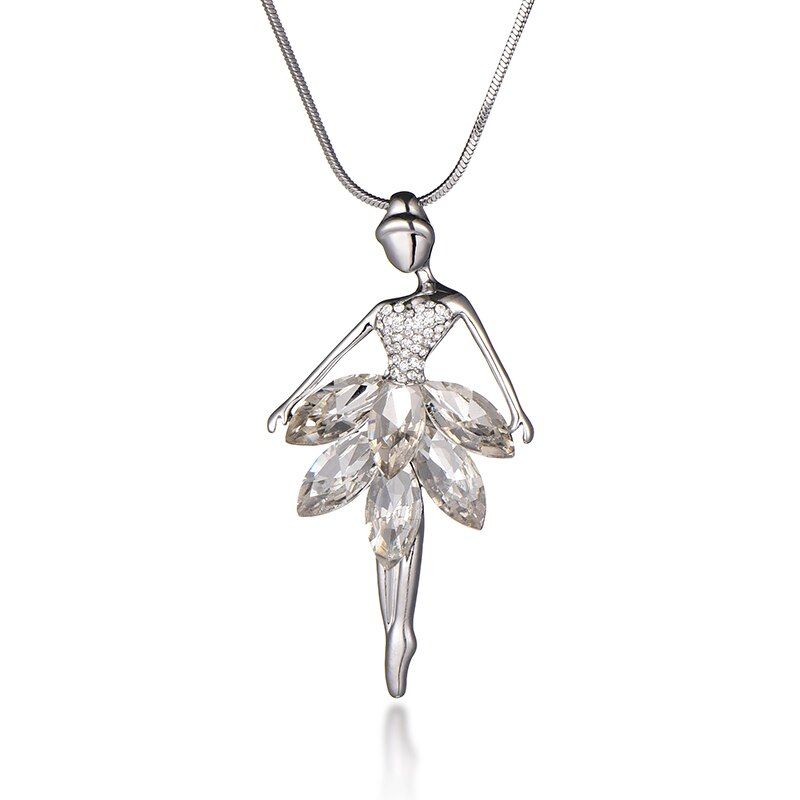 Elegant Long Sweater Statement Necklaces Ballet Dancer Pendant Big Clear Crystal Doll Necklace For Women Collares Mujer Jewelry(null)