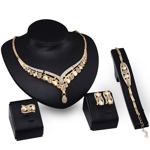 Women's Bridal Gift Flower Round Drop Collar Necklace Bracelet Ring Earrings Set