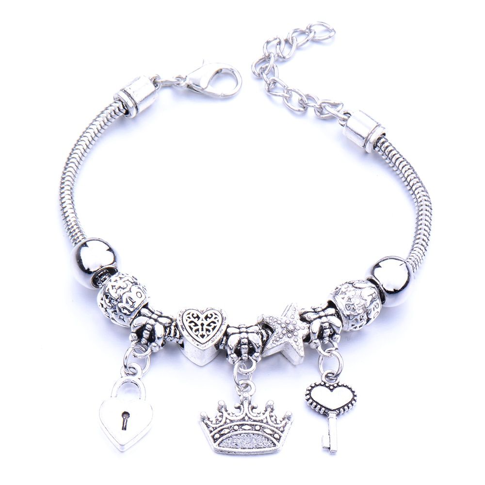 Antique Crown key lock Shape 6 colors Charm Bracelets For Women Glass Beads Brand Bracelet & Bangle DIY Jewelry Gifts