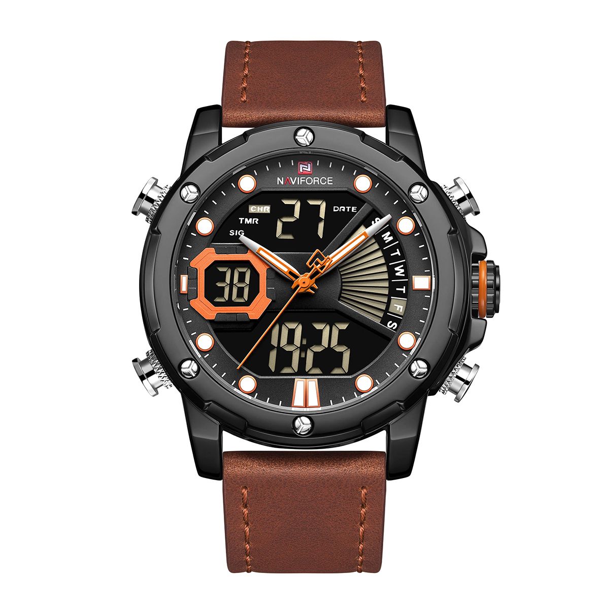 NAVIFORCE NF9172 Brown PU Leather Dual Time Wrist Watch For Men - Orange and Brown