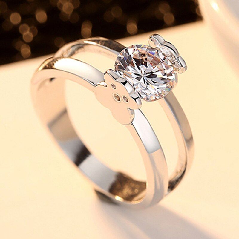 2020  Wedding Engagement Rings for Women Silver Color Cute Bear Cubic Zircon Party Big Fashion Female Rings Jewelry Gift