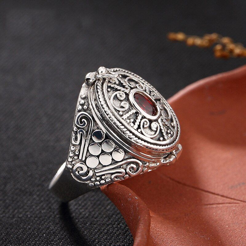 V.YA 925 Silver Gawu Box Ring Red Zircon Silver Jewelry  S925 Sterling Silver Buddhist Scriptures Rings for Women