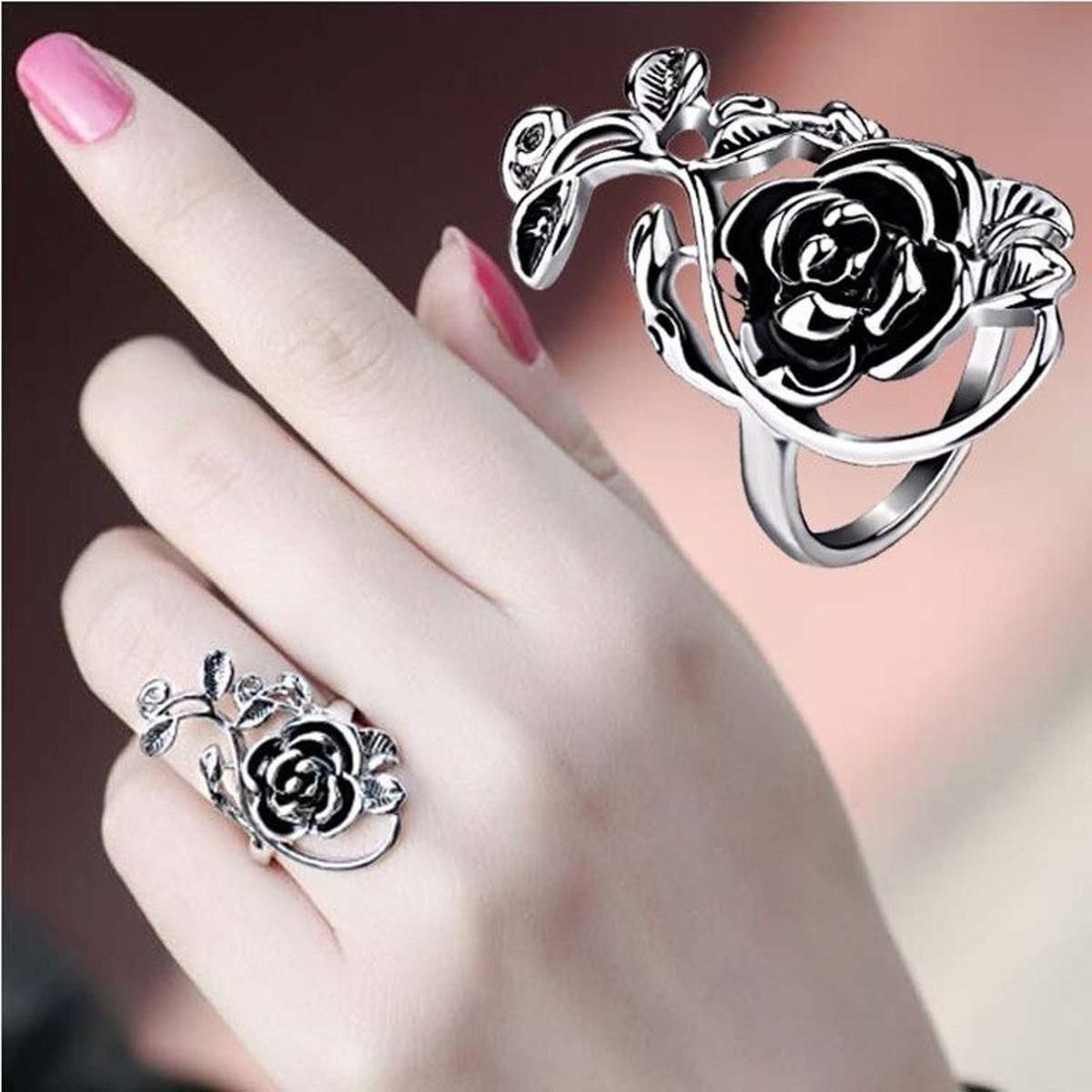 Finger Ring For Women Retro Silvery Romantic Rose Leaf Vine Garland Women Finger Ring