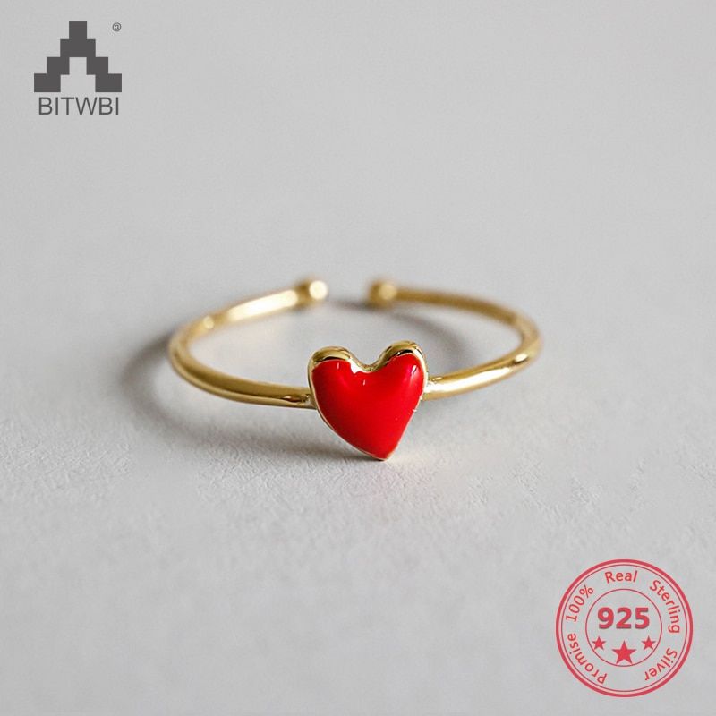 Korea Hot Style  S925 Sterling Silver Fashion Cute Resin Red Love Heart Opening Ring Female Jewelry