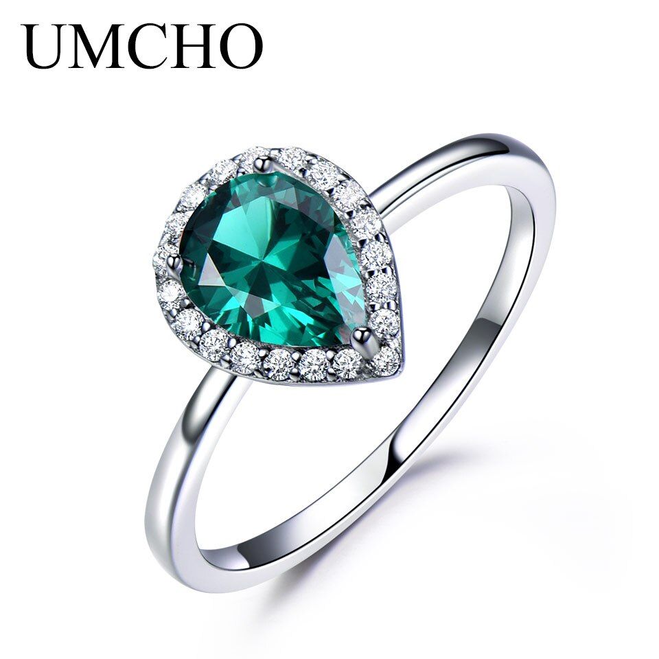 UMCHO Romantic Water Drop Created Emerald Rings 925 Sterling Silver Rings For Women Birthday Gift Fine Jewelry