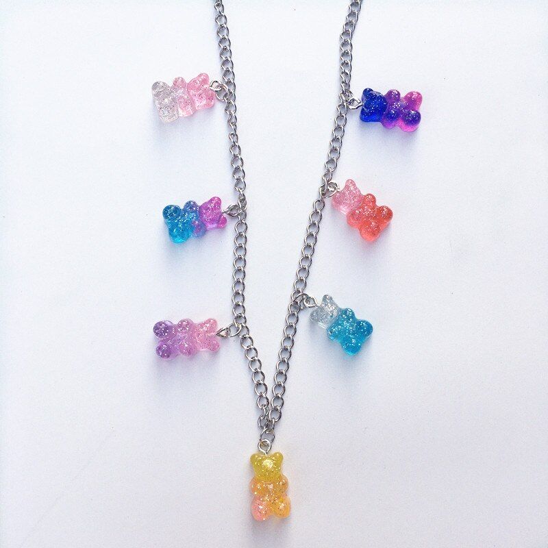 HUANZHI 2019 Cute Gummy Bear Colorful Sweet Lovely Bracelet Cool Long Chain Alloy Metal Line Necklace for Women Jewelry Party