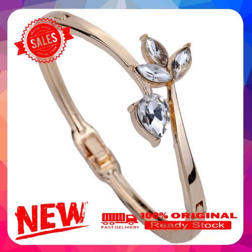 Women's Rose Gold Plated Rhinestone Inlaid Flower Slender Cuff Bangle Bracelet