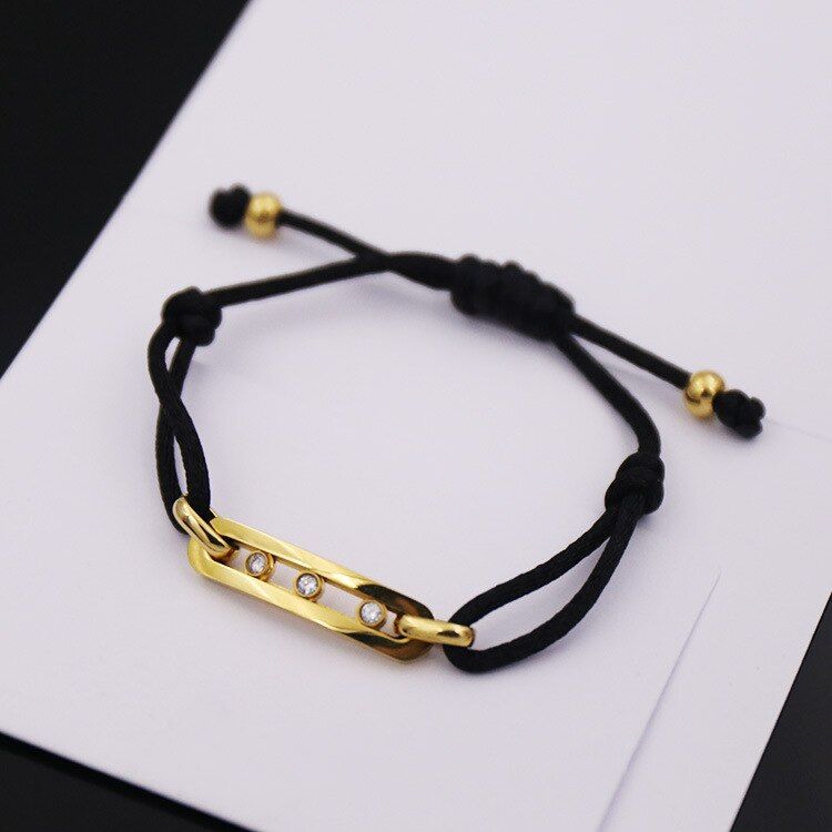 Fashion Jewelry Stainless Steel Bangles Three Move Crytal Zircon Stone Black lace Rope Chain Bracelets Women And Men (DJ0996)