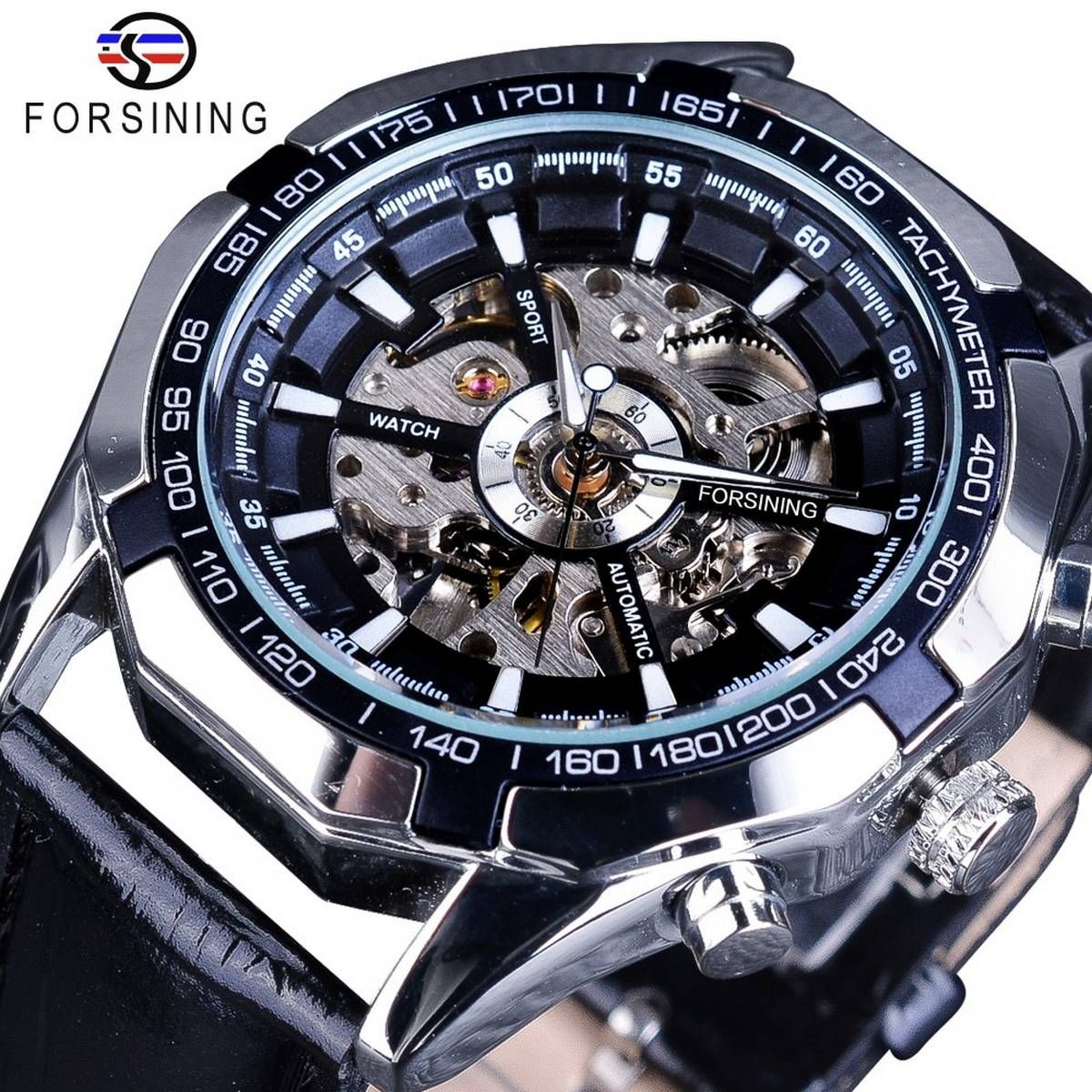 Forsining  Steampunk Design Automatic Men's Watch Silver Case Luminous Hands Sport Watches uhren herren Black Band Clock