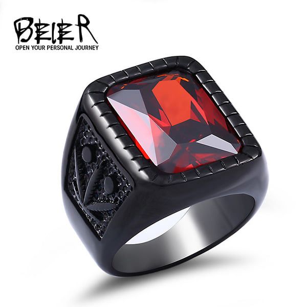 Stainless steel black natural stone men's finger ring