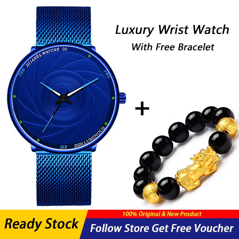 [With Free Bracelet] New Fashion Men Watches Luminous Men's Mesh Strap Wrist Watch Men's Business Sports Quartz Watches Clock Gifts