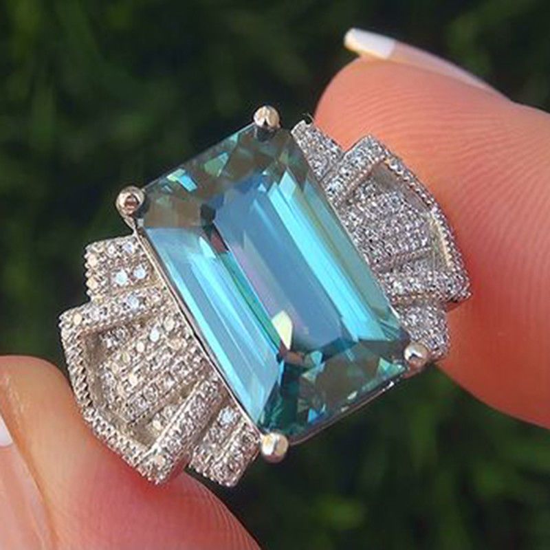 Big Blue Zircon Stone Silver Color Rings for Women Wedding Engagement Ring Fashion Jewelry 2019 New S925 Sterling Silver Color