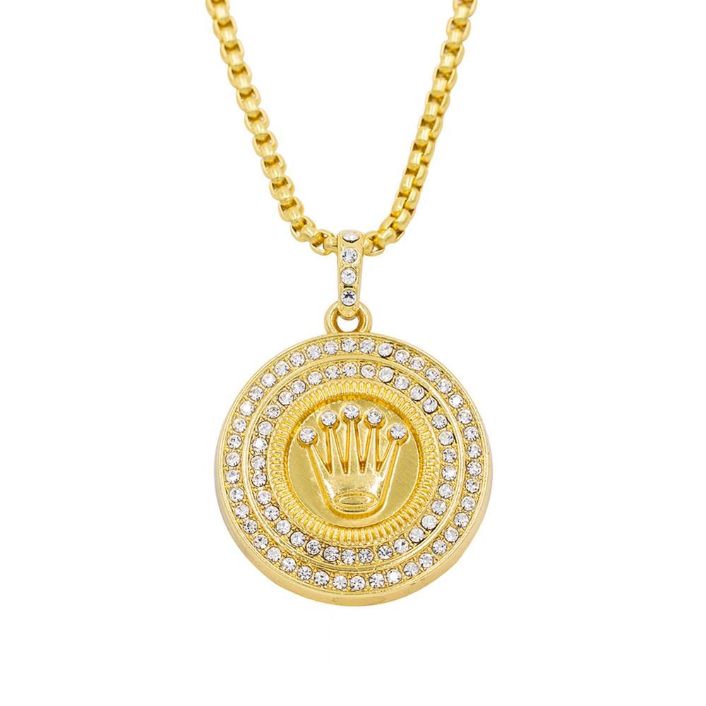 Hip Hop King Crown Pendant Necklace For Men Women Double Circle Crystal Gold Color Long Chain choker Necklaces Bling Jewelry